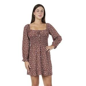 Boho Babydoll Size Large Mini DRESS Smocked Brown Blue Floral Square Neck NEW